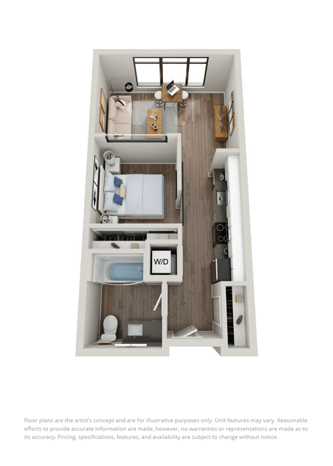 Floor plan for 1 bed, 1 bath, 513 sqft